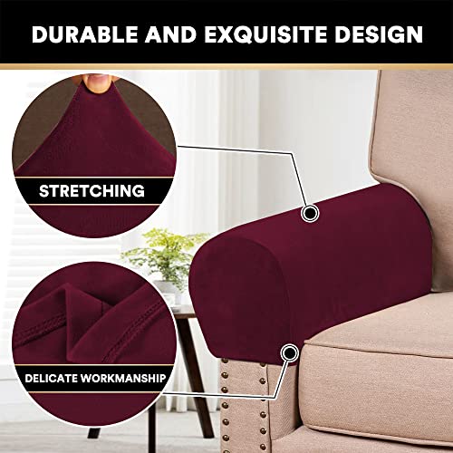 PrinceDeco 2 Pack Thick Velvet Stretch Armrest Covers for Chairs and Sofas - Non Slip Armchair Protectors, Burgundy - color: Burgundy