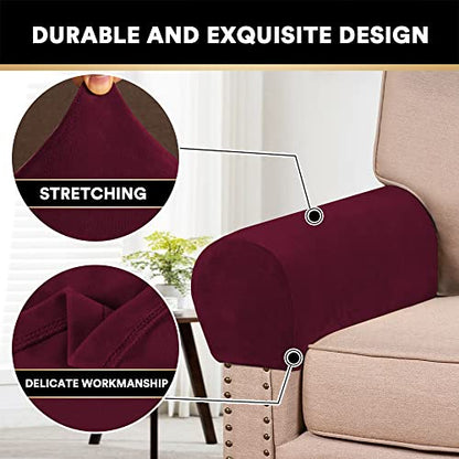 PrinceDeco 2 Pack Thick Velvet Stretch Armrest Covers for Chairs and Sofas - Non Slip Armchair Protectors, Burgundy - color: Burgundy