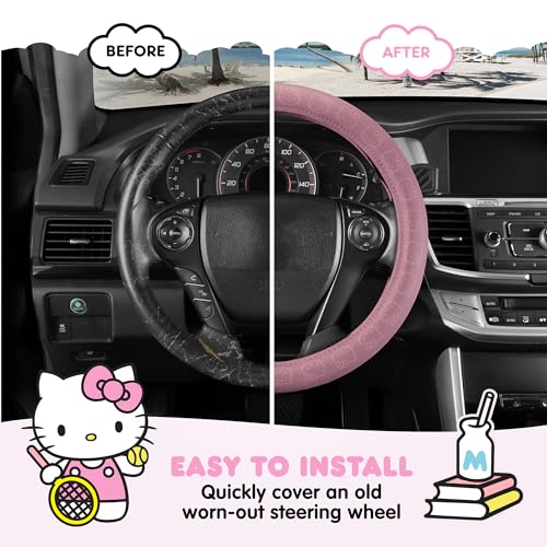 Sanrio Hello Kitty Car Trunk Organizer & Steering Wheel Cover Set – Cute, Non-Slip, Soft Grip Car Accessories for Women – Collapsible Storage Bin for Groceries, Tools & Travel – 12.5"L x 12.5"W x 9"H - style: Set Hello Kitty