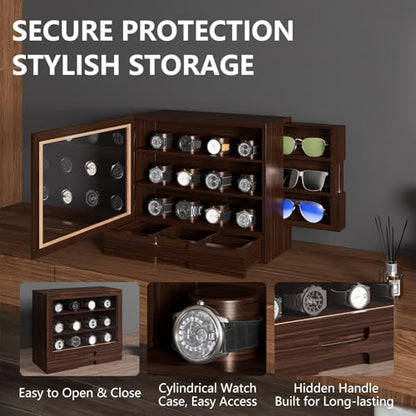 AUTOARK Wooden Watch Sunglass Display Case,12 Watch Box with Jewelry Drawer,Watch Eyeglass Holder with Window,Vertical Storage,Gift Idea,Walnut,AW-185 - color: Walnut