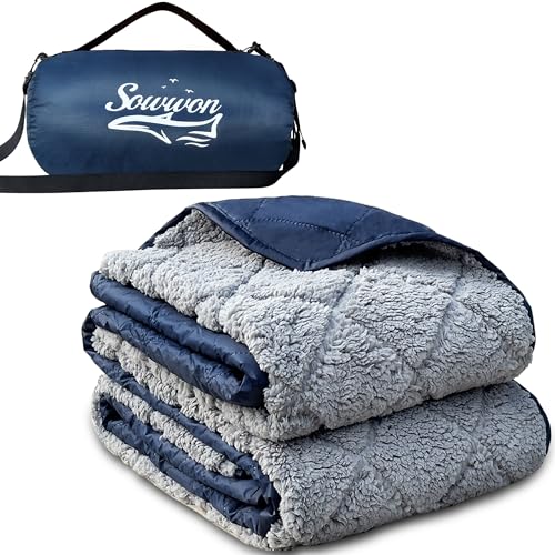 Waterproof Outdoor Blanket 82”X 55” Packable, Stadium Blankets for Camping with Sherpa Fleece Lining, Large Windproof Emergency Mat for Garss Picnic Hiking Road Trip, Machine Washable, Navy 300GSM - color: Sherpa Navy-300 Gsm, size: 82"x 55"