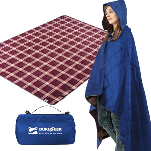 DUKUSEEK Waterproof Camping Blanket with Thick Fleece, Large Outdoor Blanket Windproof with Foldable Hood for Camping Stadium Sporting Events,79"x 58" - color: Dark Blue Outer With Red Plaid Fleece