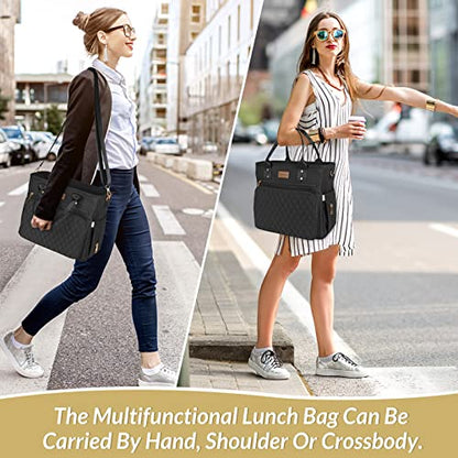 EASYA Large Insulated Lunch Bag for Work, Women's Nylon Thermal Lunch Box, Leakproof Cooler Tote Bag with Storage Pocket (Black) - color: Newly upgraded Noir Black