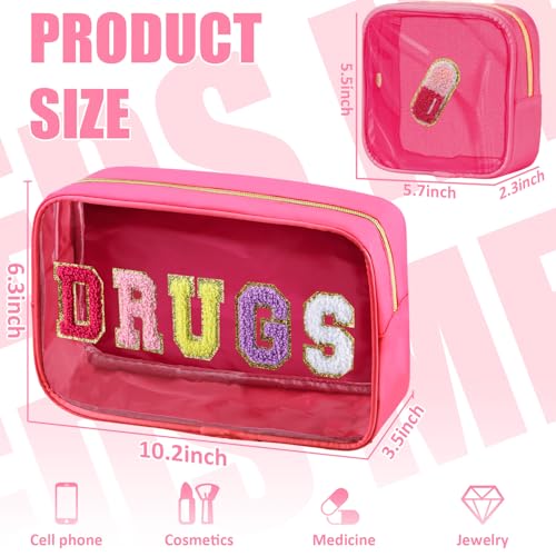 BuyCard 2 Pcs Chenille Letter Drugs Clear Makeup Meds Bag, Nylon & PVC Transparent Cosmetic Bag, Preppy Patch Drug Bag, Toiletry Storage for Women Girls, Rose Red - color: DRUGS-Rose Red, style: 2 Pcs-clear