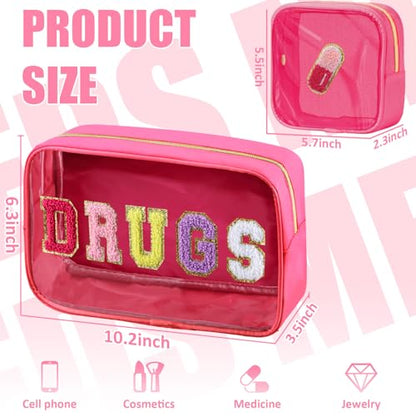 BuyCard 2 Pcs Chenille Letter Drugs Clear Makeup Meds Bag, Nylon & PVC Transparent Cosmetic Bag, Preppy Patch Drug Bag, Toiletry Storage for Women Girls, Rose Red - color: DRUGS-Rose Red, style: 2 Pcs-clear