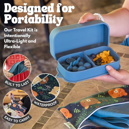 Baby Travel Essentials 6 Pc Silicone Feeding Set - Portable Toddler Plates with Suction, Baby Spoons & Foldable Bib in Carrying Case - BPA-Free Infant & Toddler Utensils for Airplanes & Eating Out - color: Dark Blue