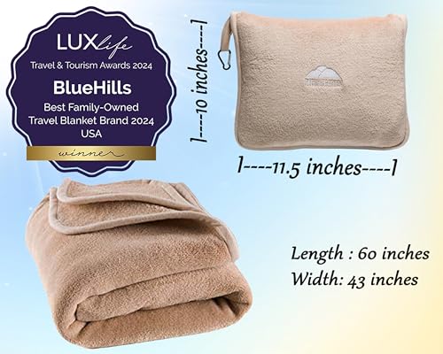 BlueHills Premium Soft Travel Blanket Pillow Airplane Blanket Packed in Soft Bag Pillowcase with Hand Luggage Belt Backpack Clip Compact Pack Large Portable Flight Throw Beige T005 - color: Beige-1pk-t005