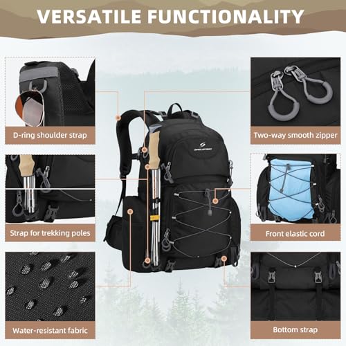 Maelstrom Hiking Backpack, 40L Waterproof Camping Daypack for Men and Women, Lightweight Travel Pack with Rain Cover (Black) - color: Black