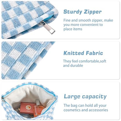 ZLFSRQ 3Pcs Checkered Makeup Bag for Women Large Small Checkered Cosmetic Bag Set Aesthetic Preppy Pencil Case Cute Pencil Pouch Blue Makeup Pouch for Purse Travel Toiletry Bags Zipper Skincare Bags - color: B-Checkered 3Pcs Mix Blue