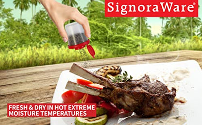 SIGNORAWARE Salt and Pepper Shakers Moisture Proof Set of 2 Medium Salt Shaker to go Camping Picnic Outdoors Kitchen Lunch Boxes Travel Spice Set Clear with Black Lids Plastic Airtight Dispenser - size: Medium, 2 pack