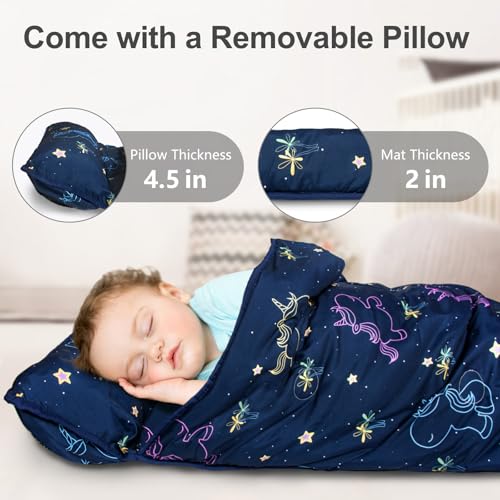Primlect Thickened Toddler Nap Mat with Removable Pillow and Minky Blanket, Extra Large 55''x35'' Sleeping Bag, Washable, Roll up, Perfect for Daycare, Preschool, Kindergarten, Boys and Girls - color: navy blue