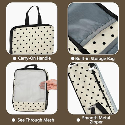 7 Pcs Compression Packing Cubes for Travel, Waterproof Suitcase Luggage Backpack Organizer with Toiletry Bag Travel Essentials for Women/Men-Polka Dots - color: Beige-Polka Dots