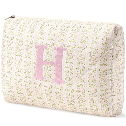 HBselect Initial Quilted Makeup Bag, Pink Cosmetic Travel Toiletry Bag, Flowers Coquette Zipper Make Up Pouch Organizer Teen Girl Gift Trendy Stuff H - color: 1Pc Medium Pinkflower, style: H