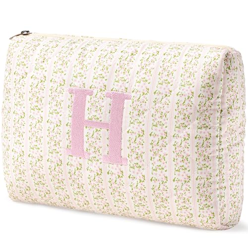 HBselect Initial Quilted Makeup Bag, Pink Cosmetic Travel Toiletry Bag, Flowers Coquette Zipper Make Up Pouch Organizer Teen Girl Gift Trendy Stuff H - color: 1Pc Medium Pinkflower, style: H