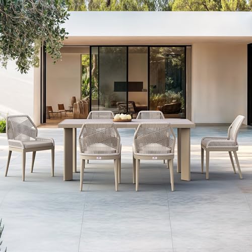 PURPLE LEAF 7 Pieces Patio Dining Set Aluminum Modern Rectangular Table and Wicker Chairs with Cushions for Kitchen Porch Garden Outdoor Furniture Sets, Champagne - color: Champagne, size: 7 PCS, style: Rectangular