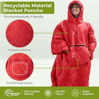 ATEPA Wearable Sleeping Bag Blanket Poncho, Recycled Water-Resistant Camping Poncho, Stadium Blanket for Outdoor Sports - color: Red