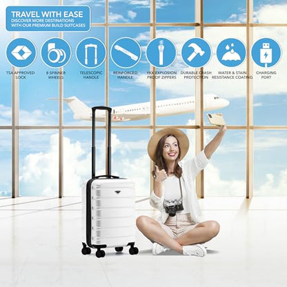 Flight Knight 21.5x15.5x9 Expandable Carry On Suitcase Hardside TSA Lock & USB C Port Lightweight Luggage Silent Double Spinner Wheels Maximum Canada Air Overhead Bag Airlines Approved White - color: White, size: 21.5x15.5x9"