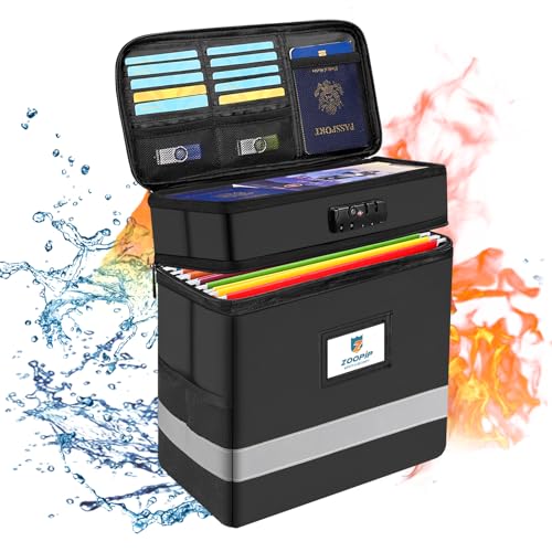 Fireproof File Box with Lock, 2 Layer Document Box Storage Organizer, Suitable for Hanging File Folders in Letter Size, Collapsible File Box, Reflective Strip for Fast Find (12.2*6*12.2, Black) - color: Black, size: 12.2"x6"x12.2"