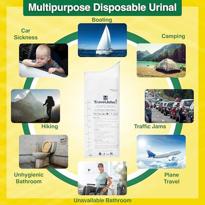 TravelJohn Disposable Urinal Bags – Road Trip Essentials for Men, Women & Kids – Odorless Leakproof Portable Urine Bags – Ideal for Camping, Emergencies & Long Car Rides (TJ1A-C) - style: 18 Pack