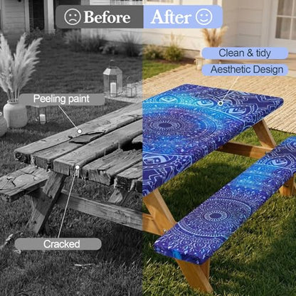 Picnic Table Cover with Bench Covers Camping Essentials Waterproof Windproof Camping Tablecloth with Drawstring Bag, Fitted Rectangle Tables and Seats, 96in, Blue Purple - color: Blue Purple, size: 96in