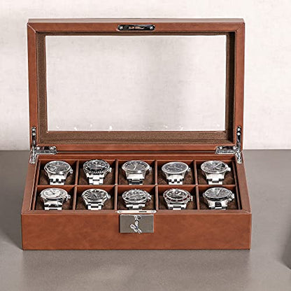 ROTHWELL 10 Slot Leather Watch Box - Luxury Case Display Jewelry Organizer - Locking Watch Display Case Holder with Large Glass Top - Box Organizer for Men and Women (Tan/Brown) - color: Tan / Brown