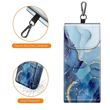 FINTIE Double Glasses Case with Carabiner Hook, Portable Vegan Leather Eyeglass Case Anti-scratch Sunglasses Pouch - color: Ocean Marble