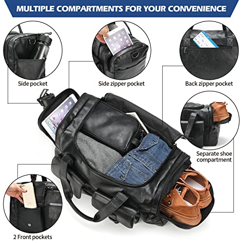 Zeroway PU Leather Travel Duffel Bag with Laundry Bag, Weekender Overnight bag Luggage Carry-On Bag with Shoe Pouch for Men or Women Black - color: Black-travel set