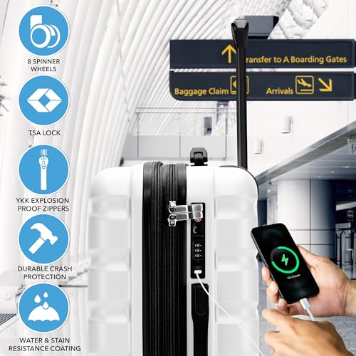 Flight Knight 24x16x10 Expandable Carry On Suitcase Hardside TSA Lock USB C Lightweight Luggage Silent Double Spinner Wheels Maximum Overhead Carry-On Bag For Virgin South West Approved White - color: White, size: 24x16x10"