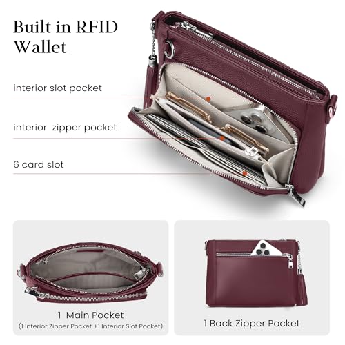 befen Anti Theft Genuine Leather Crossbody Bags for Women Handbags and Shoulder Basg with Built in Wallet RFID Leather Purse - color: Burgundy