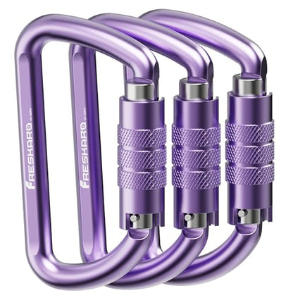 FresKaro 3inch 12kN-2698lbs Auto Locking Carabiner Clips, Solid D Shape, Heavy Duty 7075 Aluminum, Lightweight 1.09oz, Rust Proof, for Hammock, Hiking, Dog Leash, Keychain etc., Multi-Colors - color: Purple-3pcs