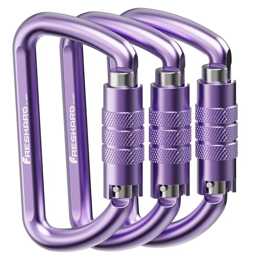 FresKaro 3inch 12kN-2698lbs Auto Locking Carabiner Clips, Solid D Shape, Heavy Duty 7075 Aluminum, Lightweight 1.09oz, Rust Proof, for Hammock, Hiking, Dog Leash, Keychain etc., Multi-Colors - color: Purple-3pcs