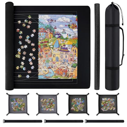 Puzzle Mat Roll Up with Drawstring Storage Bag, Portable Saver Pad 46” x 26” Up to 1500 Pieces with Non-Slip Rubber Bottom & Smooth Top + 4 Puzzle Sorting Trays & Travel-Friendly Storage Bag