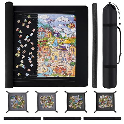 Puzzle Mat Roll Up with Drawstring Storage Bag, Portable Saver Pad 46” x 26” Up to 1500 Pieces with Non-Slip Rubber Bottom & Smooth Top + 4 Puzzle Sorting Trays & Travel-Friendly Storage Bag