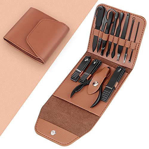 Teamkio 12pcs Manicure Set Pedicure Nail Clippers Set Travel Hygiene Kit Stainless Steel Professional Cutter Care Set Scissor Tweezers Knife Ear Pick Tools Grooming Kits with Leather Case - color: Brown-12pcs