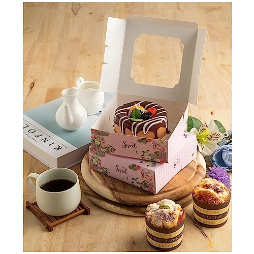 20 Pack Bakery Boxes with Window Small 6x6x2 inch for Cookie, Candy, Pastry, Brownie, Chiffon Cake, Tart, Pie, Waffle (Pink-Flamingo) - color: Pink-Flamingo