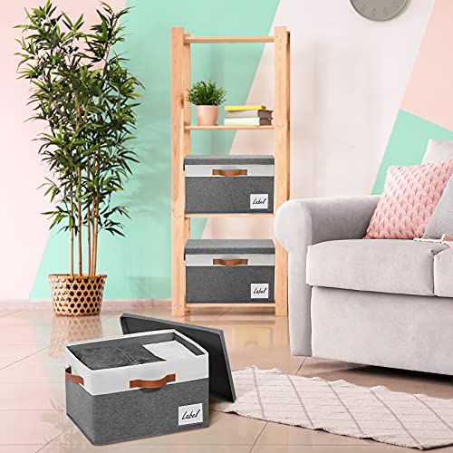 GhvyenntteS Storage Bins with Lids 3 Pack, Large Storage Baskets with Lids and Label, Foldable Fabric Storage Boxes with 3 PU Handles for Organizing Shelves Home Nursery Office (Grey, 15x11x9.6) - color: Grey with White, size: Large-3 Pack