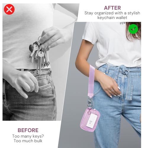 Keychain Wallet for Women Mini Zip Card Holder with ID Window Coin Purse Detachable Wristlet Small Wallets Light Purple - color: Light Purple