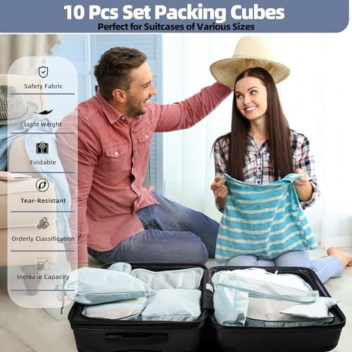 10 Pcs Set Packing Cubes - Travel Packing Organizers, Expandable Suitcase Organizer, Luggage Organizer Bags - color: BLUE
