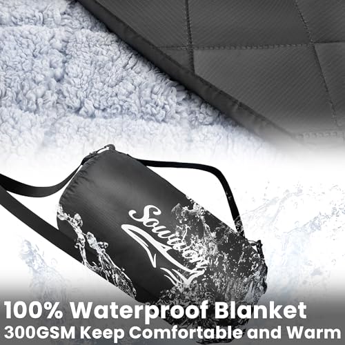 Waterproof Outdoor Blanket 92”X 60” Packable, Stadium Blankets for Camping with Sherpa Fleece Lining, Large Windproof Emergency Throw Mat for Garss Picnic Hiking Road Trip, Machine Washable, Black - color: Sherpa Black-300 Gsm, size: 92"x 60"