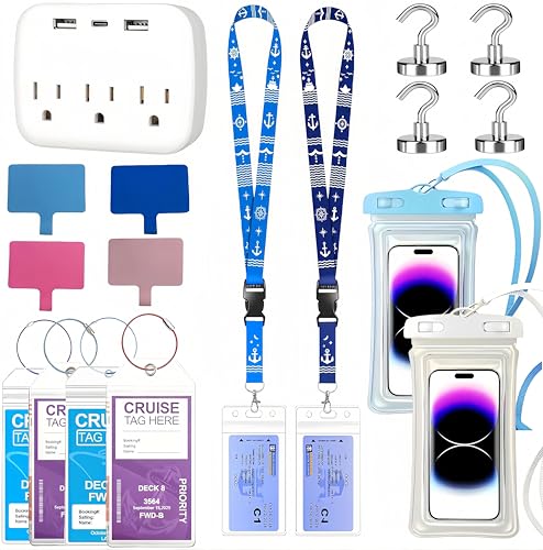 Cruise Essentials Kits, Cruise Must Haves Includ Non-Surge Power Strip, Magnetic Hooks, Cruise Luggage Tag Holder, Lanyard Holder, Phone Pounch, Phone Patches Cruise Ship Essentials 2026 - size: 17pcs Cruise Essentials Kit