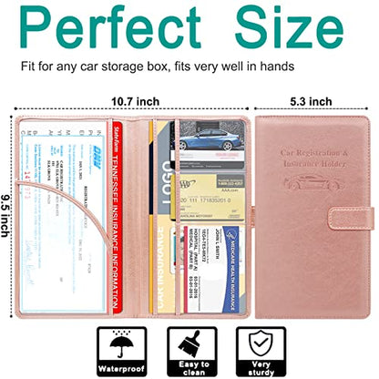 RSAquar Car Registration and Insurance Holder, Leather Car Glove Box Organizer, Cool Car Accessories for ID, Driver's License Cards & Essential Document, Men&Women, Rose Gold - color: Rose Gold