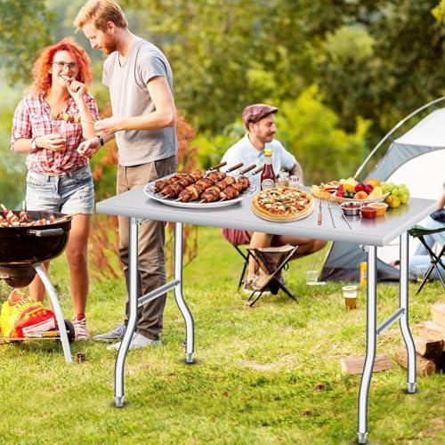 GlowSol Folding Stainless Steel Table 48 x 24 Inch, Metal Foldable Prep/Work Table, 1100 LB Load Capacity, No Assembly, Portable Workbench for Kitchen, Laundry, Restaurant, Camping, Garage - size: 48x24 in