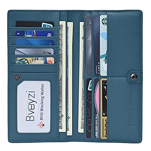 Bveyzi Ultra Slim Thin Leather RFID Blocking Credit Card Holder Bifold Clutch Wallets for Women - color: Lake Blue