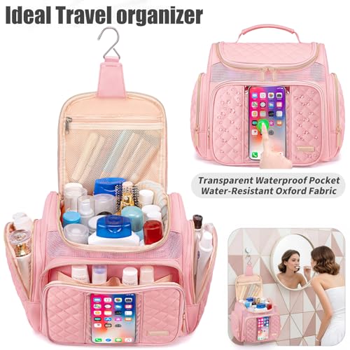 Large Toiletry Bag for Women Men,Bathroom Bag,Water Resistant Shower Bag,Makeup Bag,Toiletry Bags for Traveling,Hanging Toiletry Bag with Transparent Waterproof Phone Pocket (Pink) - color: Pink