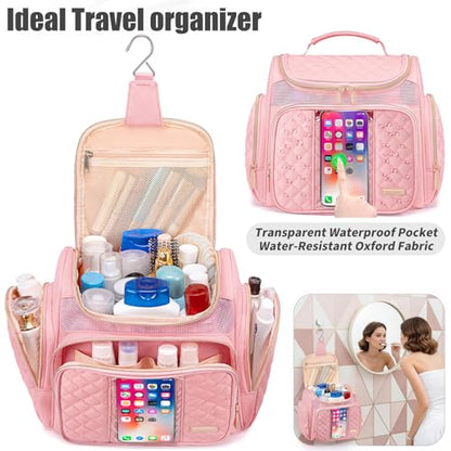 Large Toiletry Bag for Women Men,Bathroom Bag,Water Resistant Shower Bag,Makeup Bag,Toiletry Bags for Traveling,Hanging Toiletry Bag with Transparent Waterproof Phone Pocket (Pink) - color: Pink