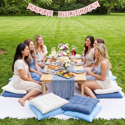 Extra Large Outdoor Picnic Blanket with Table Runner and Floor Pillow Cushion for Picnic Wedding Birthday Baby Shower Backyard(91 x 71'',Blue,White,6-Person) - color: Blue,white