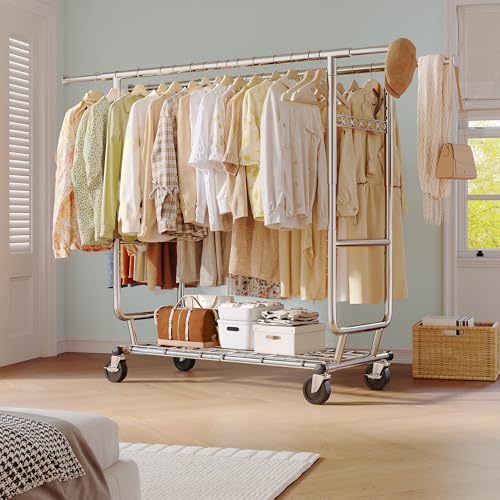 Raybee Clothes Rack, Seasonal Storage & Closet Organize, Collapsible Frame | Heavy Duty, Large Capacity, Commercial-Grade Stainless Steel, Expandable Rods, Height Adjustable, Lockable Wheels, Fast Setup - color: Chrome