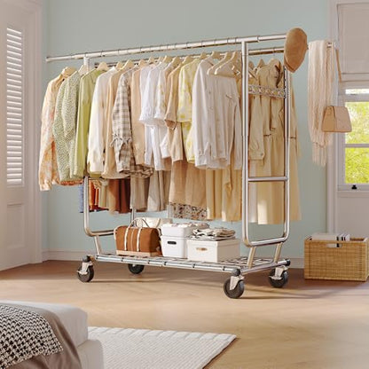 Raybee Clothes Rack, Seasonal Storage & Closet Organize, Collapsible Frame | Heavy Duty, Large Capacity, Commercial-Grade Stainless Steel, Expandable Rods, Height Adjustable, Lockable Wheels, Fast Setup - color: Chrome