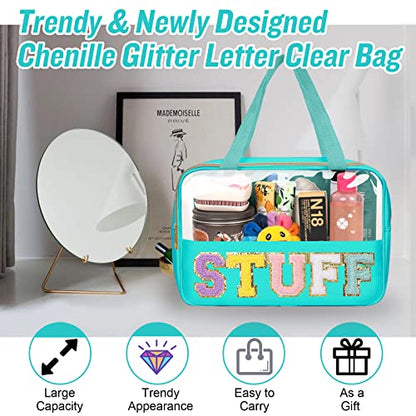 Preppy Clear Stuff Makeup Bags with Chenille Letter Patches, Travel Essentials Large Clear Make up Bag Zipper Pouch with Handle, Waterproof Nylon Cosmetic Toiletry Storage Tote for Women (STUFF-Green) - color: STUFF-Green