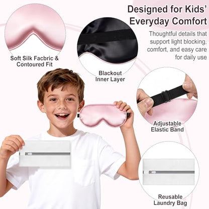 Kids Sleep Mask, Kids Eye Mask for Boys Girls, Kid Silk Eye Masks with Adjustable Strap for Sleeping, 100% Light-Blocking Sleep Eye Cover, Includes Protective Laundry Bag (Pink) - color: Pink